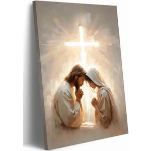 Jesus Praying With Woman Canvas Wall Art Jesus Girl Painting Pictures Wall Decor Christian Radiance Of The Cross Poster Prints for Living Room Bedroom Church Home Decorations 16x24 in Ready to Hang