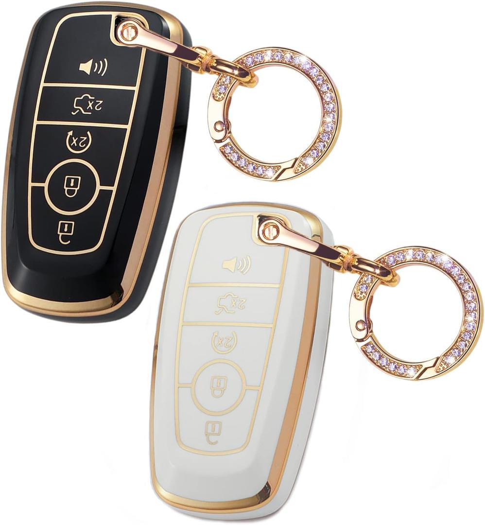 2PCS for Ford Car Key Fob Shell Cover Case,Soft TPU Decoration Bling Key Holder for 2018 2019 2020 2021 2022 2023 Ford Fusion F150 F250 F350 F450 Edge Explorer Escape Mustang Black and White