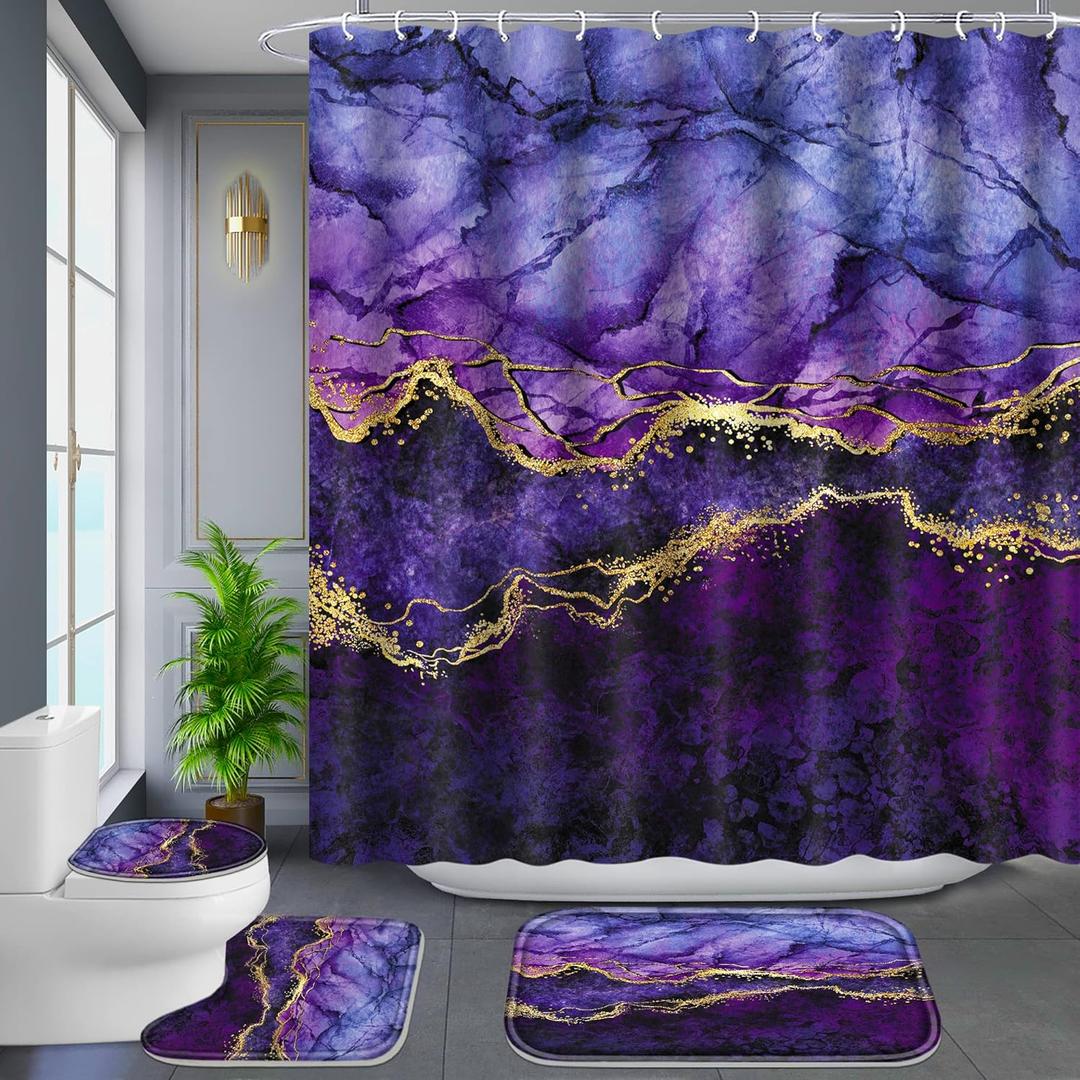 Poedist 4 Pcs Gold Edge Marble Bathroom Shower Curtain Set, Bathroom Sets with Shower Curtain and Rugs(Bath Mat,U Shape and Toilet Lid Cover Mat) and 12 Hooks-Purple (Style -02)