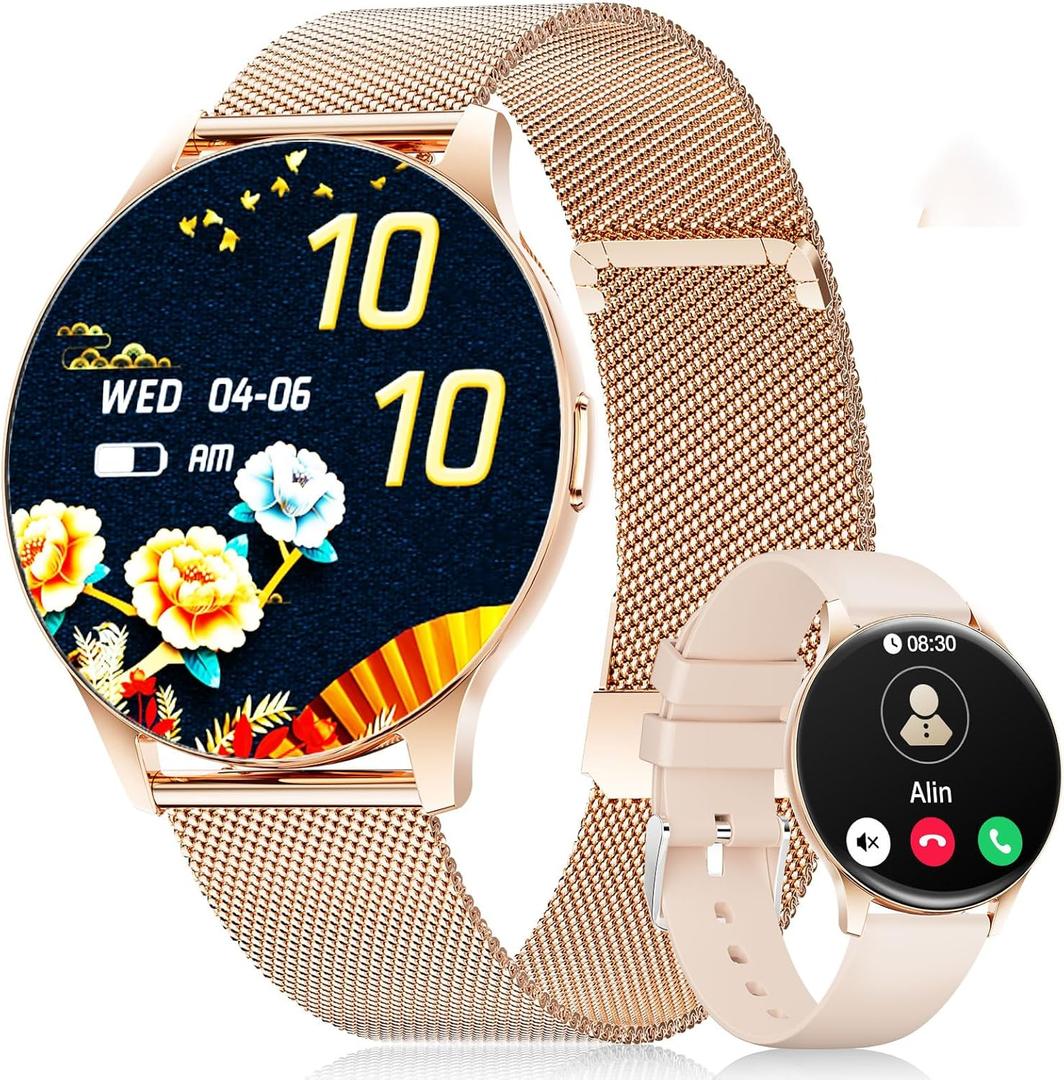 LIGE Smart Watch for Women, 1.43" AMOLED Screen Smartwatch with Answer/Make Call for iPhone/Android/Samsung, Fitness Tracker with 120+ Sport Modes, Sleep/Health Monitor, IP68 Waterproof, 2 Bands, Gold