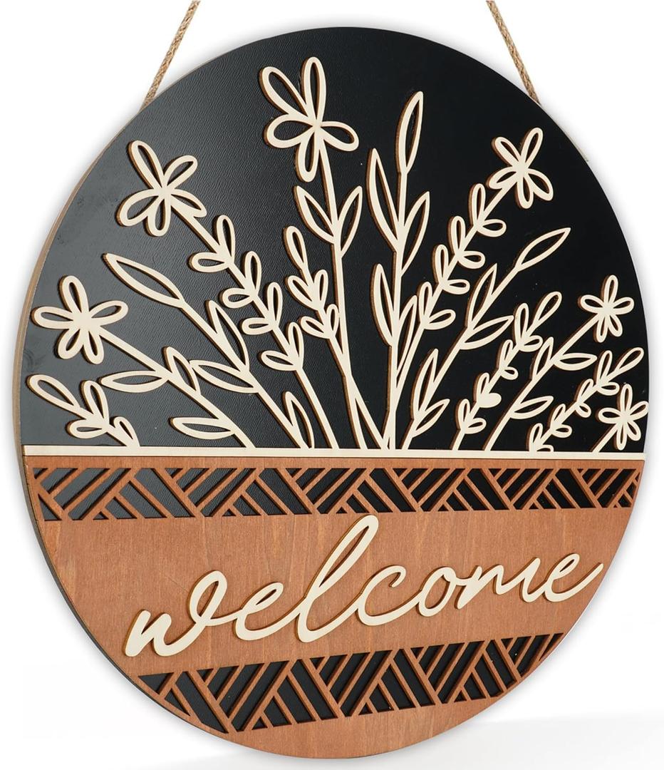 Dazingart 16” Large 3D Welcome Front Door Sign , Wild Flower Front Door Hanger , Rustic Year Round Wood Wreaths Wall Hanging Outdoor, Farmhouse Porch Decorations for Spring Summer Fall All Seasons Holiday Halloween Christmas (Welcome Black)