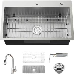 30x18 Inch Stainless Steel Kitchen Sink With Faucet-Drop In Modern Single Bowl Topmount Kitchen&Bar Sink Combo With Faucet,SS Grid,Silicon Mat,Drain Strainer Set Compatibility With Various Kitchen