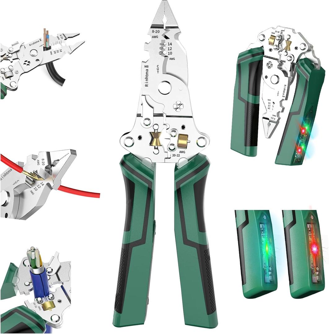 14-in-1 Wire Stripping Pliers, 2026 New Rechargeable Wire Strippers Tool with Voltage Tester&Alarms, Detectable 12-250V, Heavy-Duty Electrical Pliers & Wire Cutters for Professional and Home Use (Green)