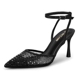PIZZ ANNU Women's Cienna High Heels Sexy Stiletto Pumps Closed Toe Mesh Sparkly Rhinestones Ankle Strap Dress Wedding Party Pumps Shoes, Black 9.5