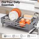 Urackify Stainless Steel Dish Drying Rack - Dish Drainer for Kitchen Counter, Extendable Drainboard with Foldable, Space-Saving Cup & Bowl Organizer, Includes Knife and Utensil Holder, Gray