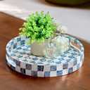 CHI AN HOME 12.6" Round Decorative Tray with Handles, Checkered Capiz Mother of Pearl Serving Tray for Coffee Table, Kitchen Counter, or Bathroom (Navy Blue)