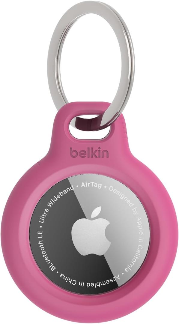 Belkin Apple AirTag Secure Holder with Key Ring - Durable, Scratch-Resistant Case with Open Face & Raised Edges - Protective AirTag Keychain Holder Accessory for Keys, Pets, Luggage, & More - Pink