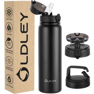 Oldley Insulated Water Bottle 32oz Water Bottles with Straw, Stainless Steel Water Bottle with 3 Lids, Double Wall Vacuum Bottles for Adult,Sports Bottles for School Travel, Black
