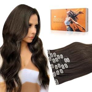 DOORES Human Hair Clip in Extensions, Light Dark Brown 16 Inch 135g 7pcs, Remy Clip in Hair Extensions Thick Weft for Women Clip in Silky Straight
