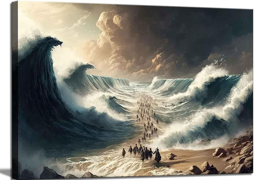 Modern Christian Canvas Wall Art Bible Stories Moses Parting Egypt Crossing the Red Sea Picture Jesus Religion Wall Decor Poster Print for Living room Bathroom Office Bedroom Home Decoration (36"L x 24"W), Moses Red Sea
