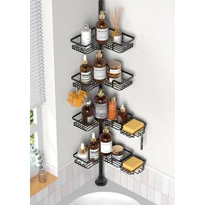 Tension Pole Shower Caddy 5x Stability, Adjustable Floor to Ceiling Shower Organizer, Standing Shower Tension Rod Shelves, 4 Tier Storage Shelves with 2 Soap Holders/Hanging or Adhesive, 25in-114in
