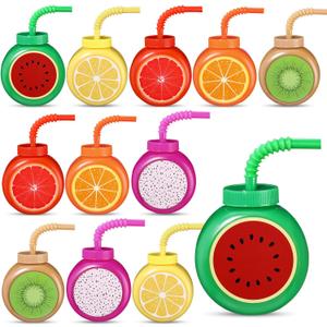 Mifoci 12 Set Summer Fruit Cups with Straws Lids 10oz Plastic Frutti Party Cups Tropical Kiwi Lemon Orange Grapefruit Watermelon Pitaya Pattern for Boys Girls Birthday Luau Party Favor Supplies