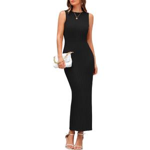 PRETTYGARDEN Women's 2025 Summer Casual Maxi Dresses Ribbed Knit Sleeveless Bodycon Elegant Going Out Beach Vacation Clothes (Black, Small)