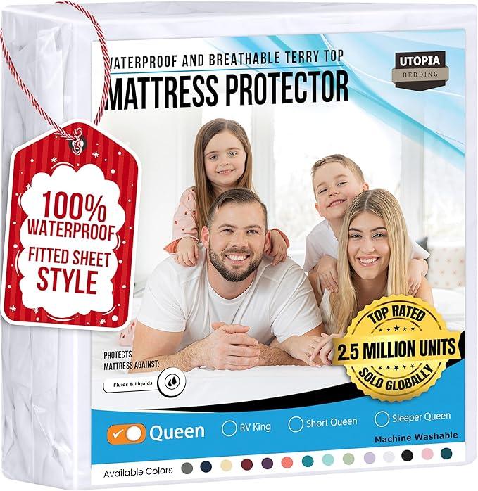 Utopia Bedding Waterproof Mattress Protector Queen Size, Premium 200 GSM Terry Mattress Cover, Soft & Breathable Bed Cover, Fitted Sheet Style with Stretchable Deep Pockets 17" (White)