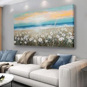 Belmrxne Beach Wall Decor Blue Canvas Wall Art Modern Coastal Aesthetic Canvas Painting Trendy Artwork for Living Room Bedroom Dining Room Office Home Decor 24x48 inch (Blue and White)