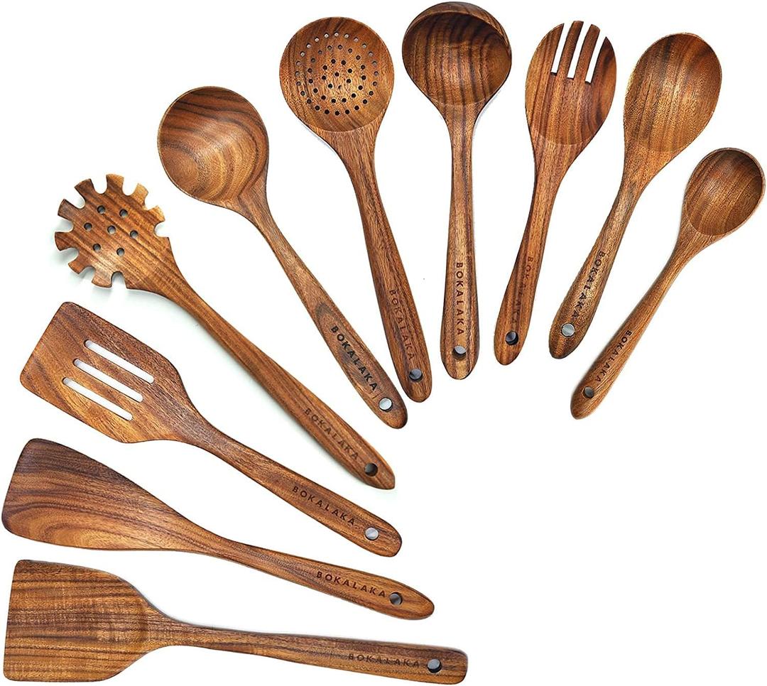 Wooden Spoons for Cooking,10 Pcs Natural Teak Wooden Kitchen Utensils Set Wooden Utensils for Cooking Wooden Cooking Utensils Wooden Spatulas for Cooking (10)