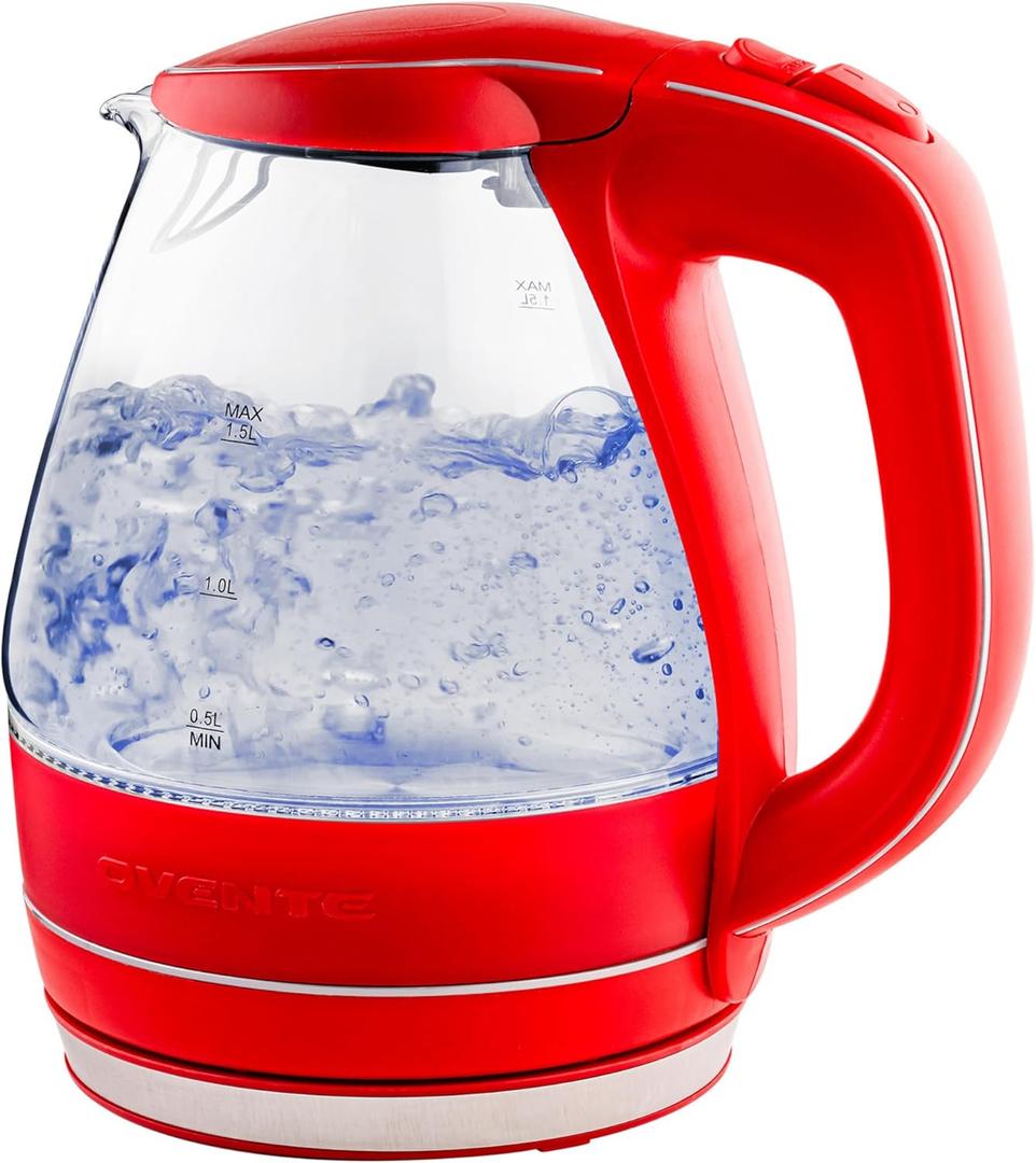 OVENTE Electric Kettle, 1.5L Borosilicate Glass Countertop Water Heater and Boiler for Coffee or Tea, BPA-Free, Auto Shut-Off, Boil-Dry Protection, Removable and Washable Spout Filter, Red KG83R (1.6 Quarts)