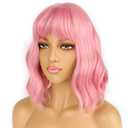 Pastel Bob Wigs with Bangs for Women Loose Wavy Wig Pastel Wavy Shoulder Length Bob Synthetic Cosplay Wig for Girl Colorful Costume Wigs (Pink)