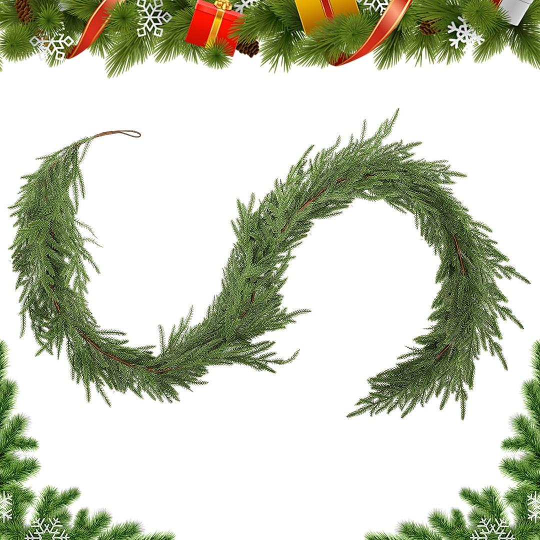 1 Pcs 6 FT Artificial Norfolk Garlands Real Touch Christmas Pine Wreaths Hanging Ornament Faux Xmas Greenery Decorations for Table, Mantle, Wall, Window, Indoor, Outdoor (1PC A, 6FT)