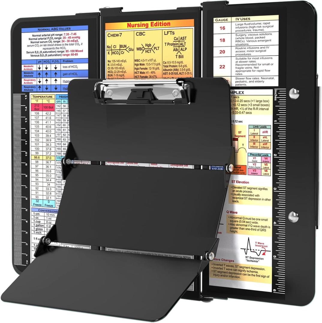 Nursing Clipboard Foldable, Foldable Clip Board w/Nursing Edition Cheat Charts, 3 Layers Aluminum, Nurse Clipboards w/Low Profile Clip & Pen Clip Pocket for Students, Nurses and Doctors, Black