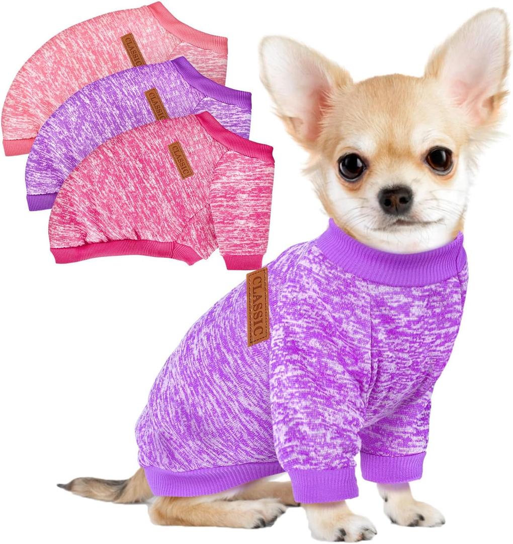 3 Pack Dog Sweaters for Small Dogs Girl Boy Winter Fleece Clothes Warm Soft Dog Sweatshirt Outfit for Dogs Cats Pet Apparel, Pink+Rose+Purple), XS (Back: 9.8", Chest: 13.7", 3.5-5.5 lbs)