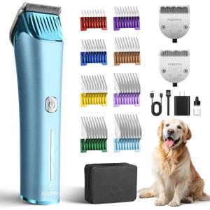 Professional Dog Grooming Clipper with Replacement Blade, 5-in-1 Adjustable A5 Blade Cordless Pet Grooming Kit 2 Speed Trimmer Hair Shaver with Detachable Metal Combs Nova for Animal Horse (Blue)