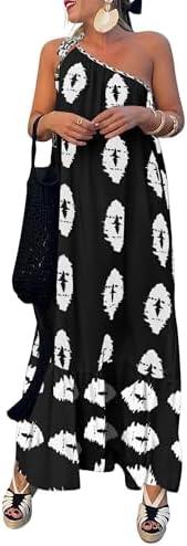 PRETTYGARDEN Women's 2026 Summer One Shoulder Maxi Dress Printed Flowy Boho Long Sundresses Spring Beach Vacation Clothes Medium, Black White Floral