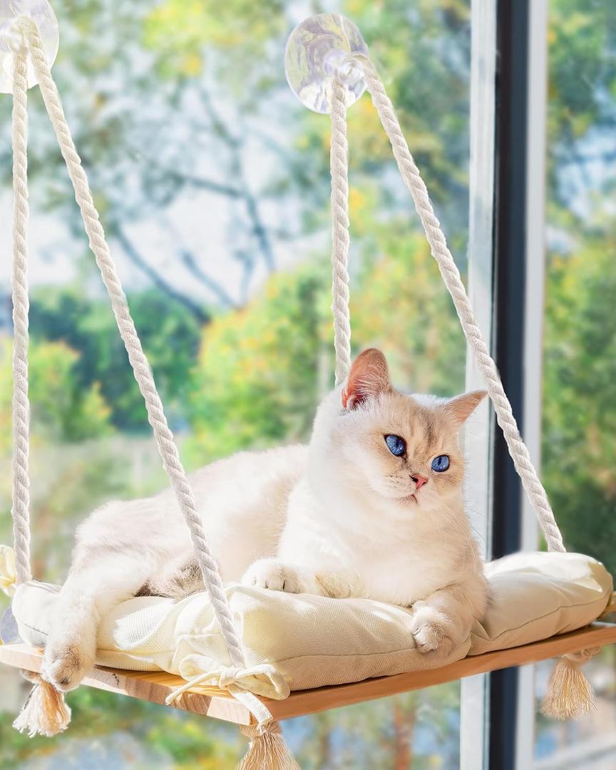 Cat Window Perch with Industrial-Grade Suction Cups - Solid Pine Wood Hammock Bed, Soft Cushion - 42 lb Capacity for Cats Inside