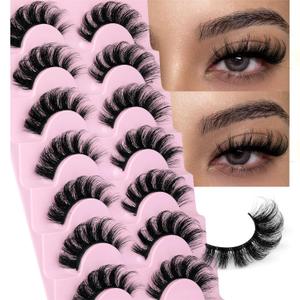 Mink Lashes Fluffy Wispy Lashes Natural Look 3D False Eyelashes D Curl Russian Strip Lashes 7 Pairs Short Fake Eyelash Pack
