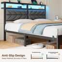Seventable Bed Frame Twin Size with Charging Station, LED Bed with Upholstered Storage Headboard, Metal Platform Bed with Under Bed Storage, No Box Spring Needed, Noise Free, Easy Assembly, Grey