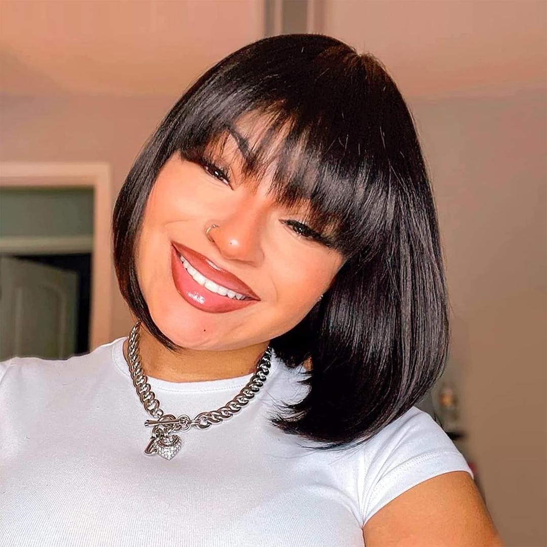 ToyoTress Bob Wig With Bangs - 12 Inch Dark Brown Short Bob Wig With Bangs For Black Women, Light Yaki Straight Synthetic Daily Costume Cosplay Bob Wigs Heat Resistant (12 Inch, #2-612H)