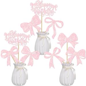 Bow Birthday Centerpiece Sticks 16pcs Pink Decorations Bow Party Table Topper Centerpieces Coquette Birthday Table Decorations for Girls Bowknot Bachelorette Party Supplies
