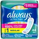 Always Ultra Thin Feminine Pads with Wings for Women, Size 1, Regular Absorbency, Unscented, Up to 100% Leak-Free Protection, 46 Count