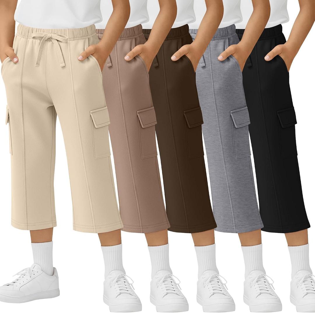 5 Pack Boys' Capris Pants Cargo Cropped Sweatpants Wide Leg Elastic Waist Drawstring 3/4 Short with 4 Pockets
