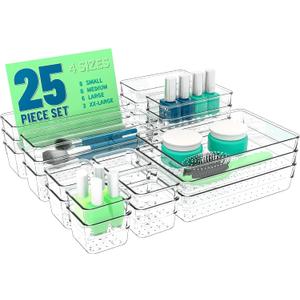 Yieach 25 Pc Clear Plastic Drawer Organizer Set,4 Sizes In Drawer Organizer Trays for Bathroom,Office,Kitchen Cabinet and Vanity Organizers,Desk Drawers Organizer Bin for Jewelry,Cosmetic,Utensil,Junk