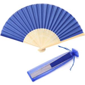50pcs Imitated Silk Hand Fan Silk Fabric Bamboo Handheld Folded Fan Bridal Dancing Props Church Wedding Party Favors with Organza Bags (Royal Blue)