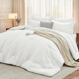 MUXHOMO 7 Pieces California King Comforter Set, Soft Bed in a Bag Cal King Size, All Season Bedding Set with Comforter, Flat Sheet, Fitted Sheet, Pillowcases & Shams, White