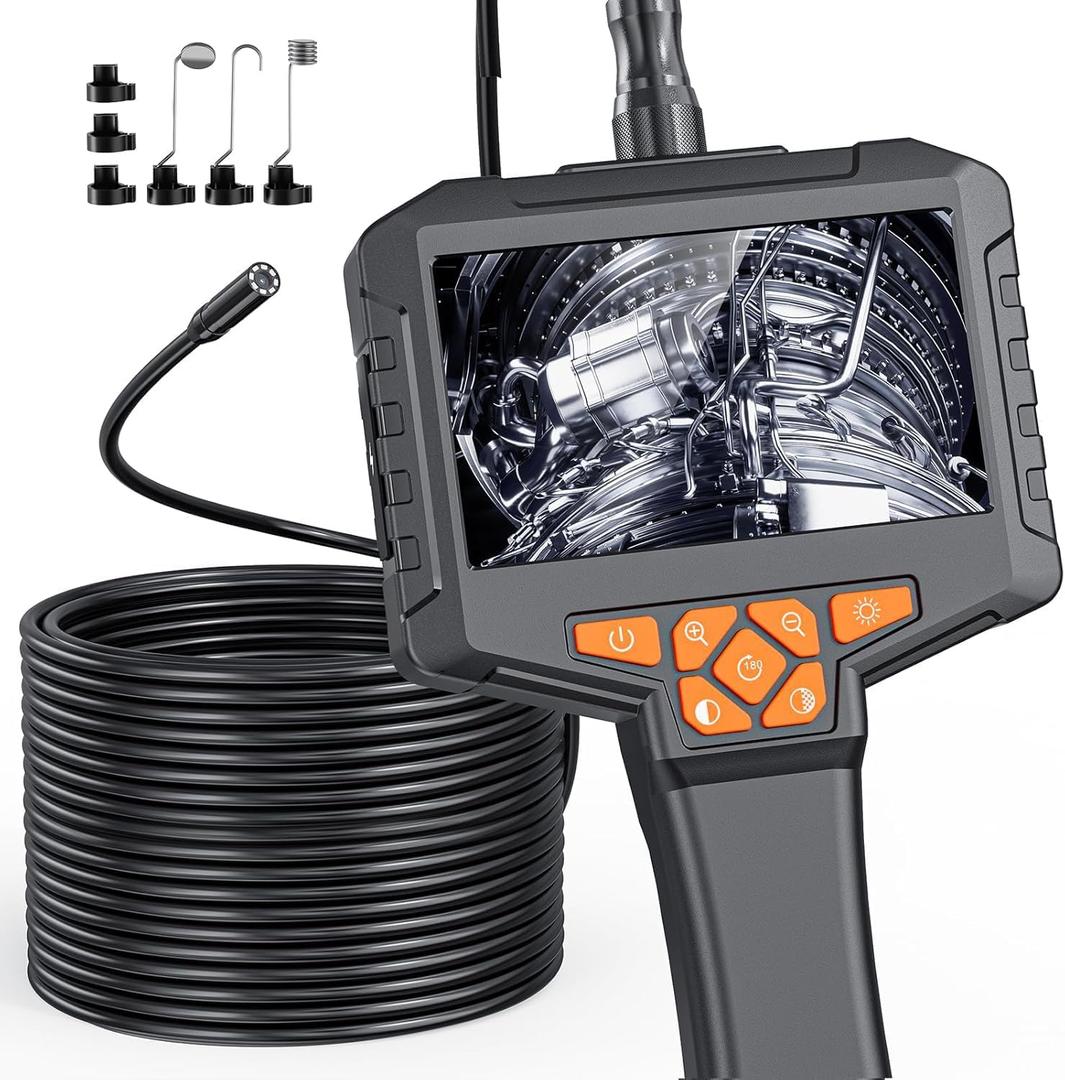 50FT Borescope Camera with Light, 4.3 Endoscope with 8 Adjust Lights, 1080P Inspection Camera with Semi-Rigid Cable, IP67 Waterproof Bore Scope for Automobile Inspection, Cool Gadgets for Men