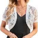 Kate Kasin Women Elegant Short Sleeve Sheer Floral Lace Bolero Shrug Knit Collar Open Front Cropped Cardigan, Small