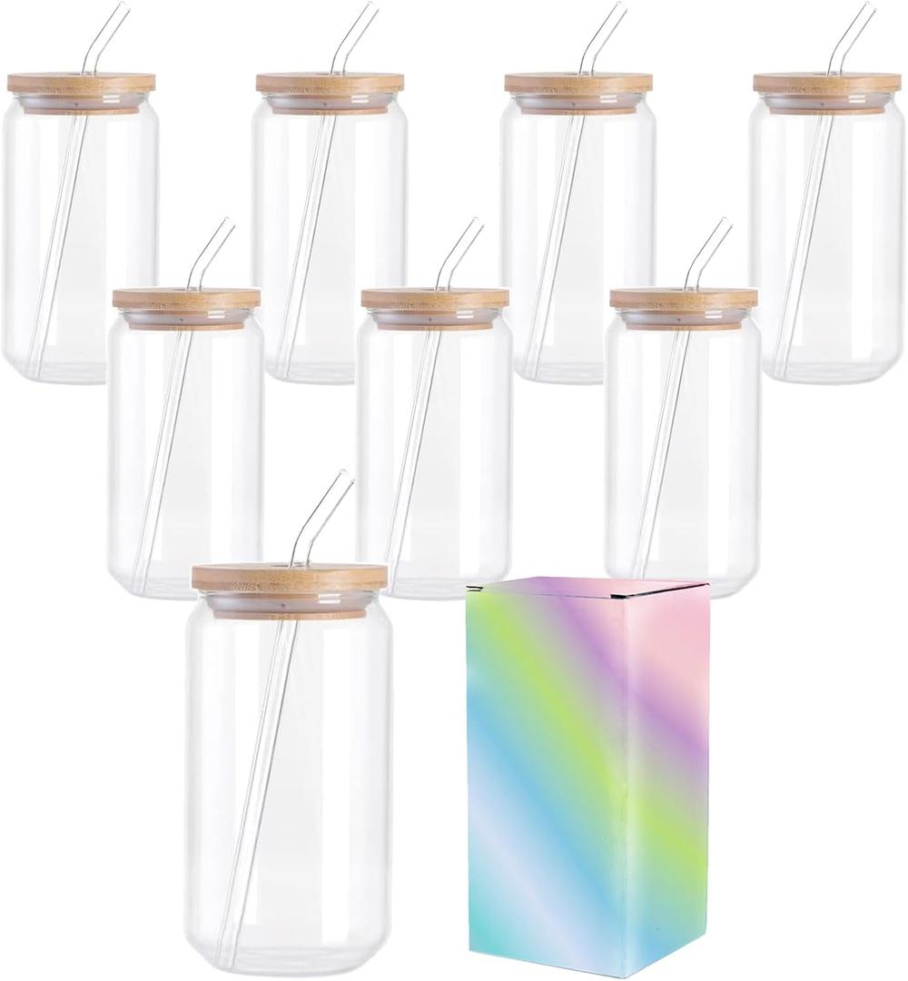 Sublimation Glass Blanks With Bamboo Lid, Frosted Tumbler 16OZ Beer Can Cups With Straws 8Pack