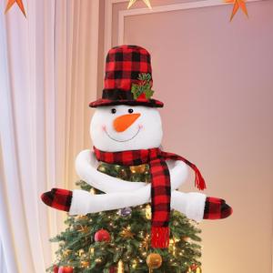 Christmas Snowman Tree Topper Unique Christmas Decoration Large Plush Funny Christmas Tree Topper with Buffalo Plaid Hat Scarf Treetop Hugger Ornament for Home Holiday Winter Party Xmas Decor (White)