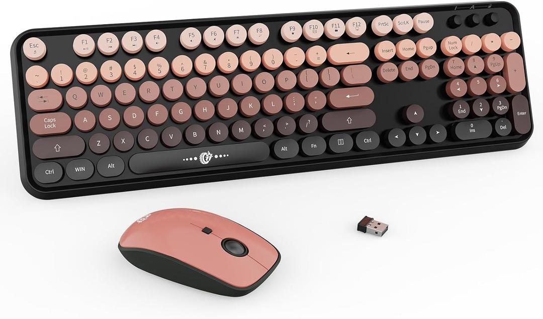 6 x FD Wireless Keyboard and Mouse Combo - 2.4G Full-Sized Cute Colorful Mouse and Keyboard with 104 Round Keys Retro Typewriter Keyboard for Laptop/Windows/PC - Black Gradient