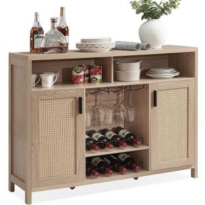 Alaxgumrol Coffee Bar Cabinet, Rattan Buffet Sideboard Cabinets with Storage, Boho Liquor Cabinet for Home with Glass Holder and Wine Racks, Wine Cabinet for Living Dining Room Kitchen Entryway, Oak