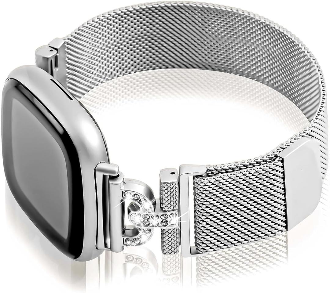 Magnetic Bands Compatible for Fitbit Sense 2/Fitbit Versa 4/Fitbit Sense/Fitbit Versa 3, Mesh Stainless Steel Bling Strap, Dressy Replacement Adjustable Wristband for Women (Silver)