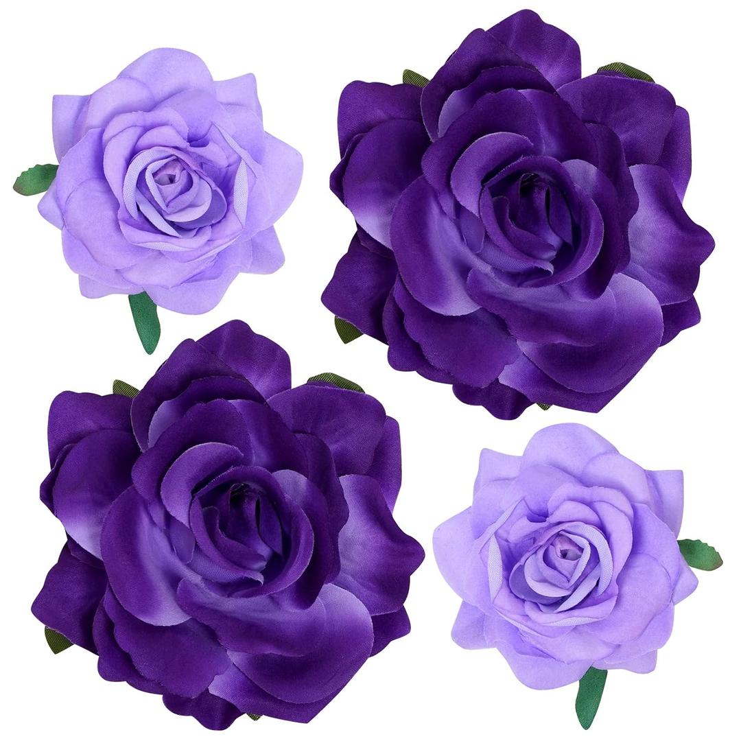 Rose Hair Clip Flower Hairpin Brooch Floral Clips, 4 Pcs Fabric Rose Flowers Hair Clips Mexican Hair Flowers Pin up Headpieces for Woman Girl Wedding Party Mother's Day (2 Sizes) (Purple)