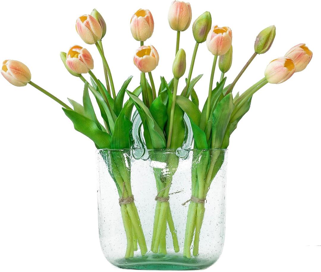 DUYONE 15pcs Artificial Tulips Flowers, Latex Bouquet, Fake Tulips for Office Wedding Party Home Kitchen Garden Decoration-B Pink Champagne