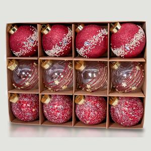 12PCS Red Glitter Christmas Tree Ornaments  3.15 Shatterproof Baubles with Clear Sparkly Sequin & Star Accents, Holiday Ball Decorations for Xmas Tree, Party & Home Dcor (Burgundy Red)