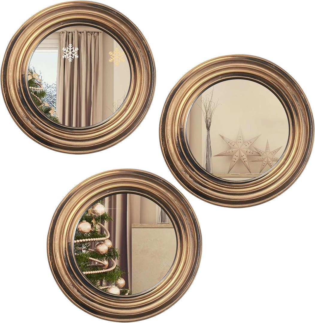 3pcs Round Mirrors For Wall Decor Antique Gold Circle Mirror Small Vintage Hanging Decorations Rustic Decorative Home Art For Bedroom Living Room Entryway Distressed Ornament Chic for Women Mums