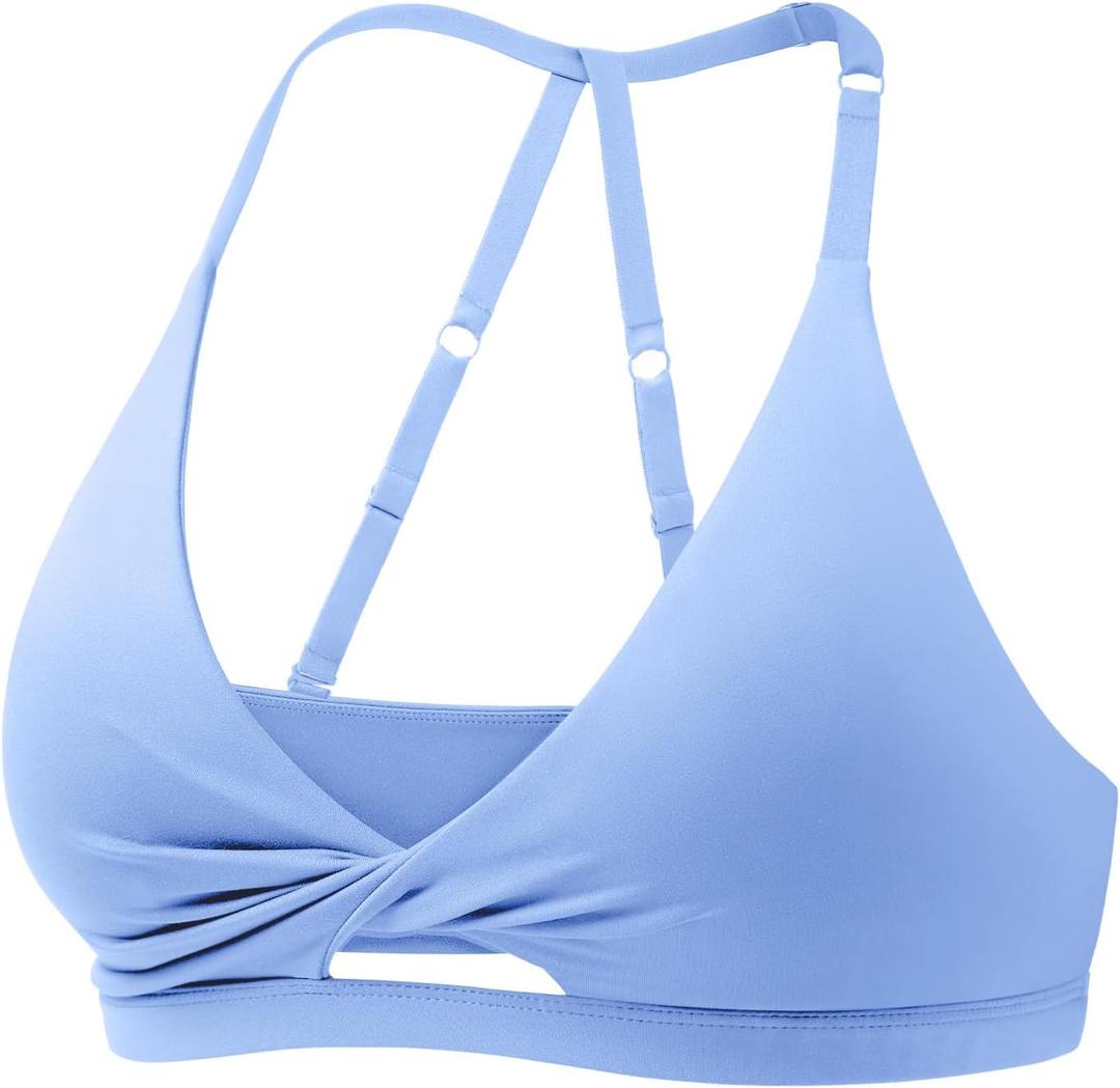 YEOREO Sports Bras for Women Open Back Workout Gym Bra Padded Medium Impact Yoga Tops with Ajustable Back Straps (Small, Ice Blue)