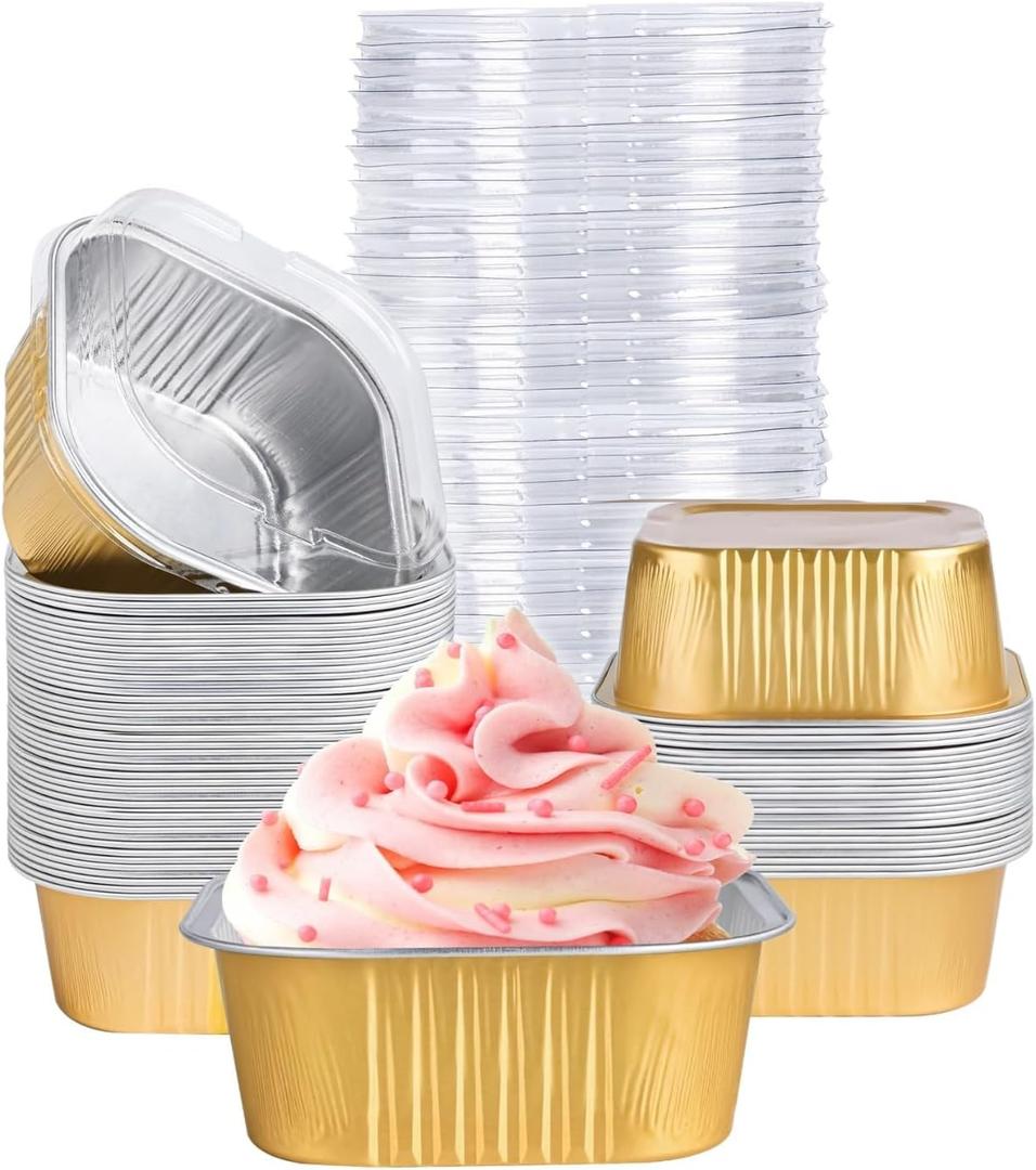 40 Pack Mini Cake Pans with Lids, 5oz Square Aluminum Foil Brownie Baking Cups, Muffin Tin Ramekins, Disposable Dessert Cupcake Cups for Wedding Birthday Party, Gold